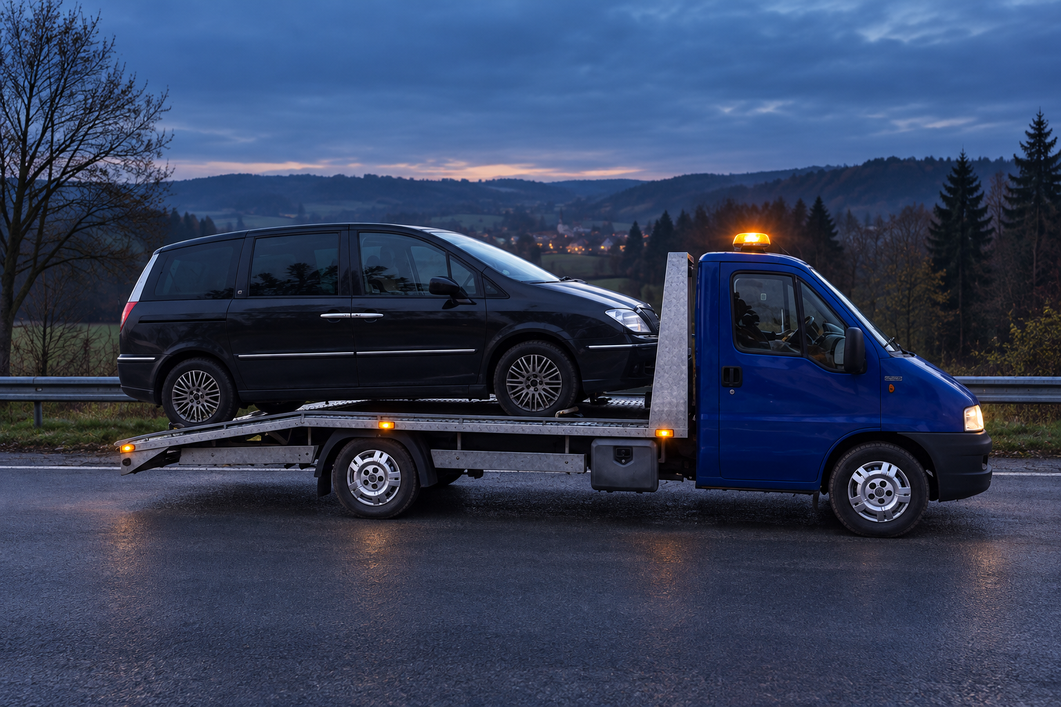 Odtahový vůz Odtahové služby KV s naloženým automobilem